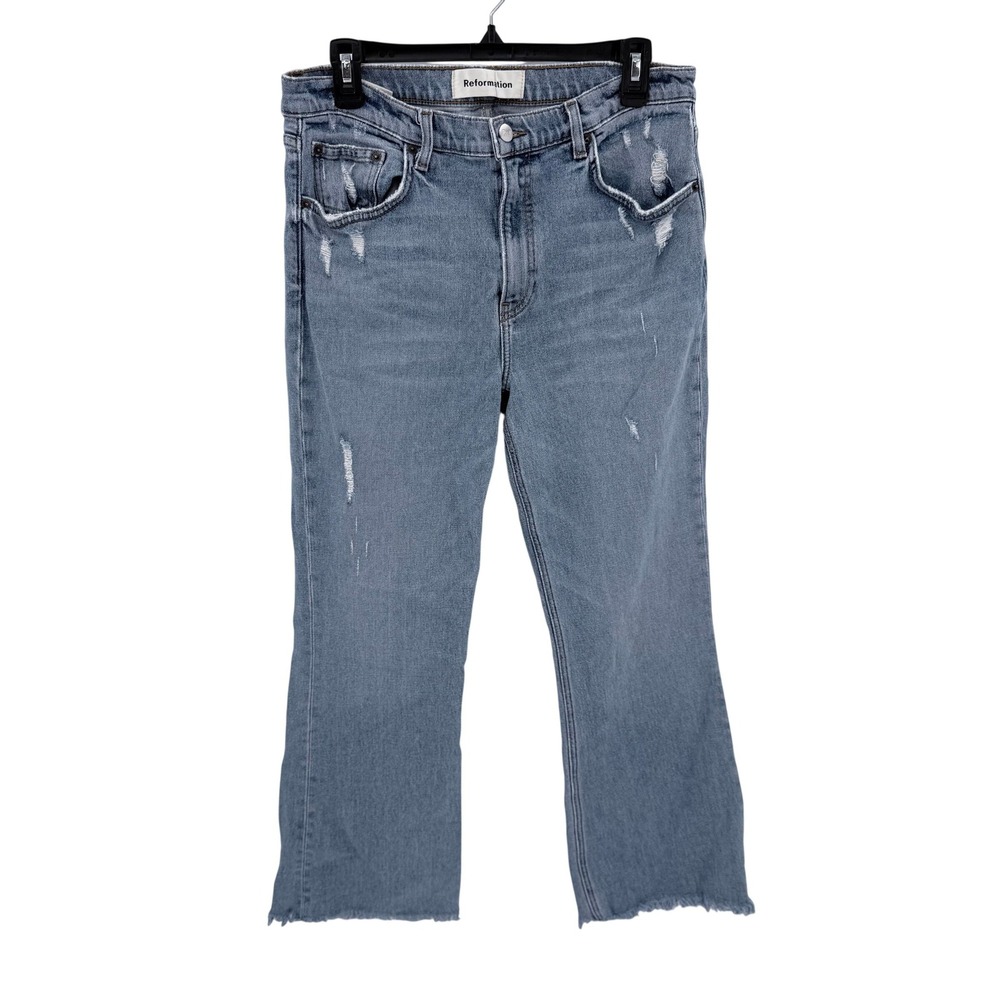 Reformation Distressed Cropped Frayed Hem Jeans Light Wash Blue Sz 30 Made USA